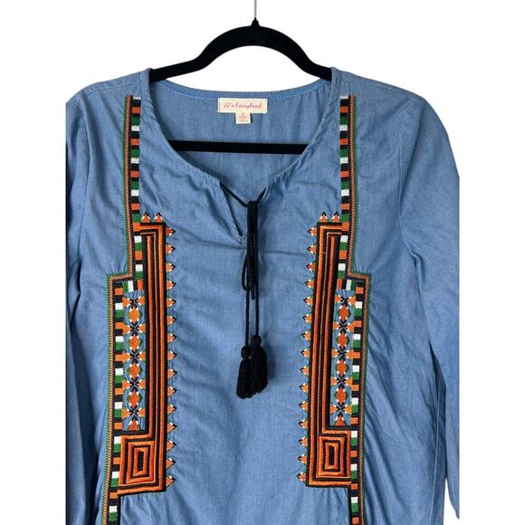 J J's Fairyland Dress Size Small Chambray Embroidered Tassle Tie Prairie Cottage - Picture 2 of 10